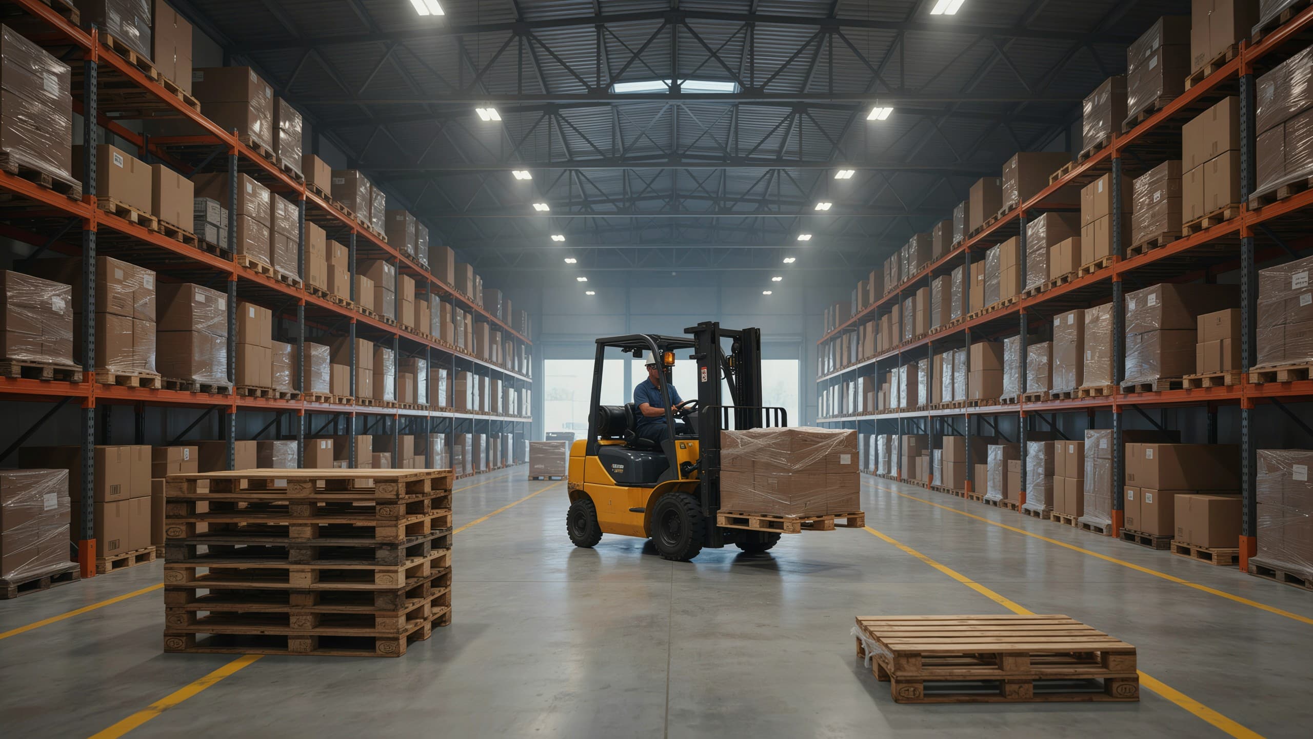 Bodega industrial con tarimas organizadas en racks
